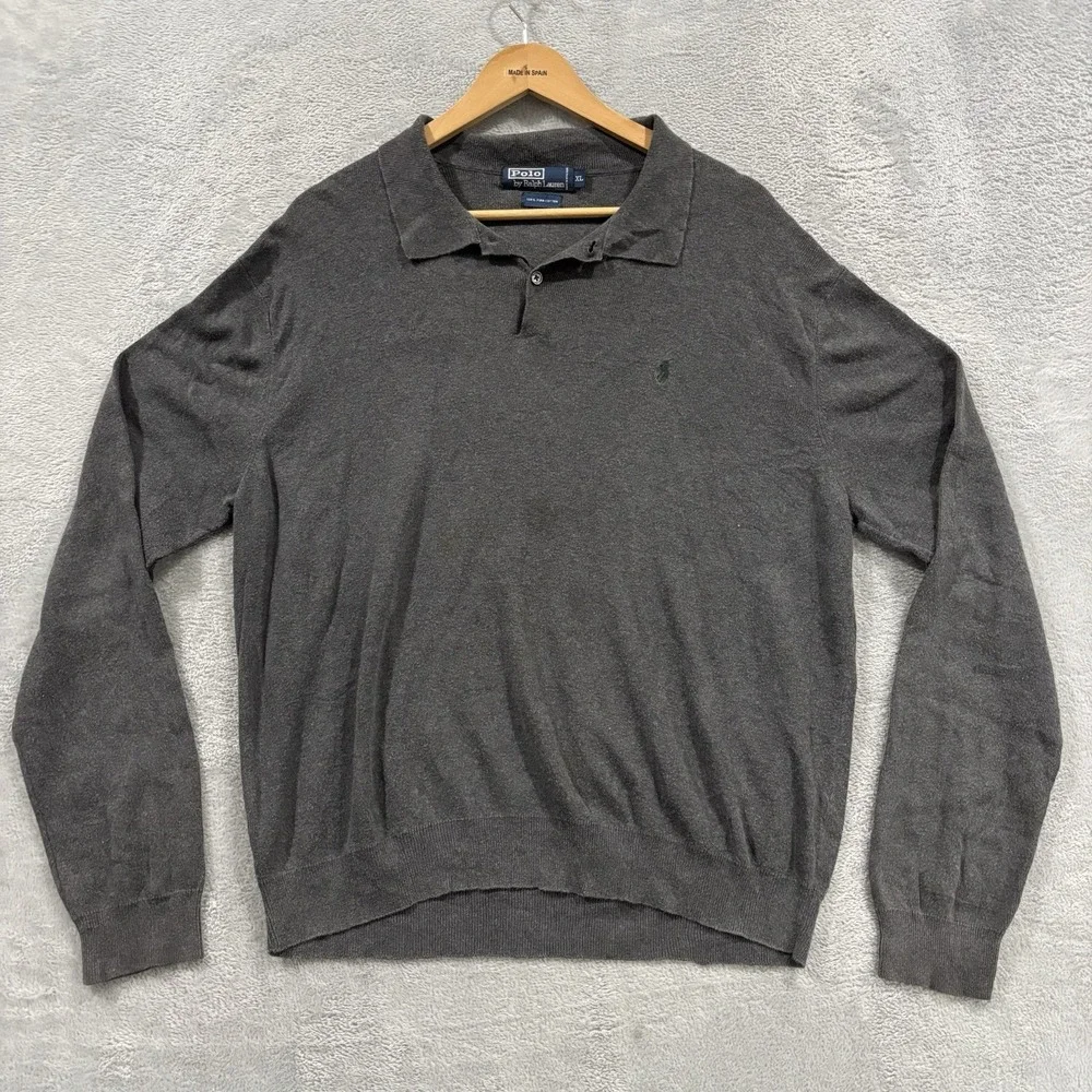 Polo Ralph Lauren 1/4 Button Sweater Long Sleeve XL Gray Pima Cotton Old Money